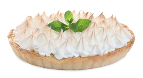 Delicious lemon meringue pie decorated with mint on white background