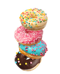Image of Set of falling delicious donuts on white background