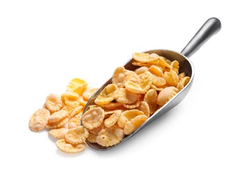 Metal scoop of tasty crispy corn flakes on white background