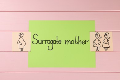 Drawings of pregnant woman and lesbian couple near paper with phrase Surrogate Mother on pink wooden table, flat lay