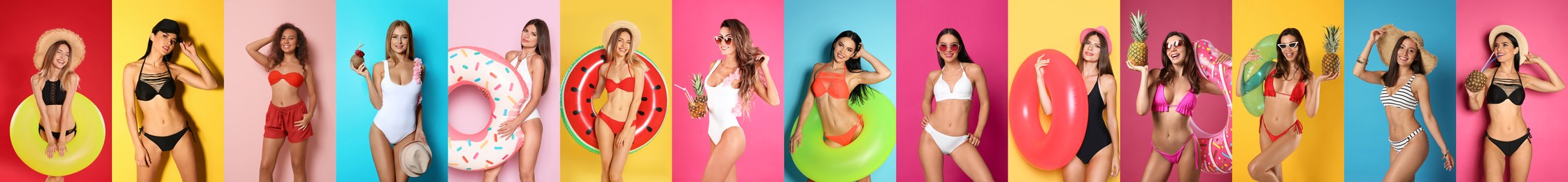 Image of Collage with beautiful photos themed to summer party and vacation. Pretty young women wearing swimsuits on different color backgrounds, banner design