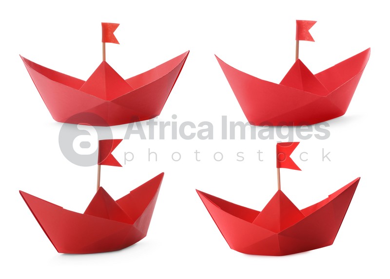 Red paper boats with flags on white background, collage