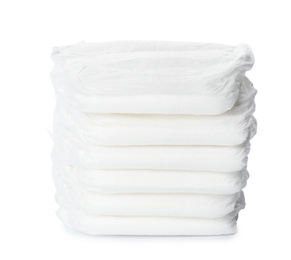 Stack of baby diapers isolated on white