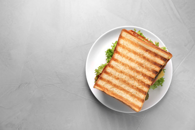 Freshly made sandwich on grey table, top view. Space for text