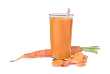 Photo of Freshly made carrot juice in glass on white background