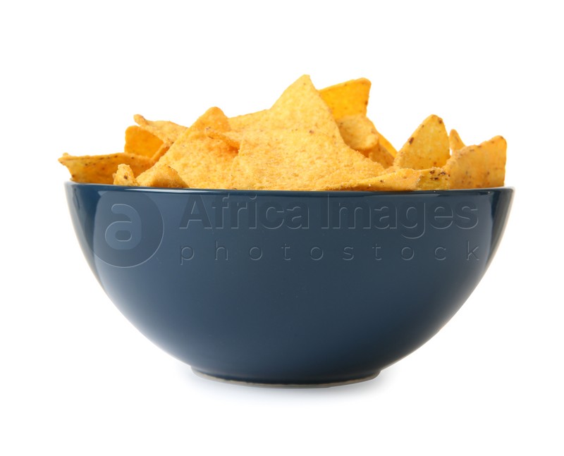 Photo of Color ceramic bowl of Mexican nachos chips on white background