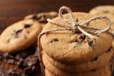 Delicious chocolate chip cookies on table, closeup