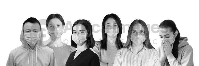 Group of people wearing medical face masks on light background, banner design. Black and white photography