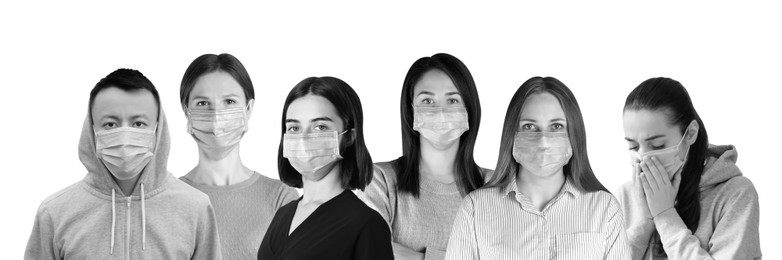 Group of people wearing medical face masks on light background, banner design. Black and white photography