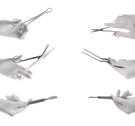 Collage with photos of doctors holding different surgical instruments on white background, closeup