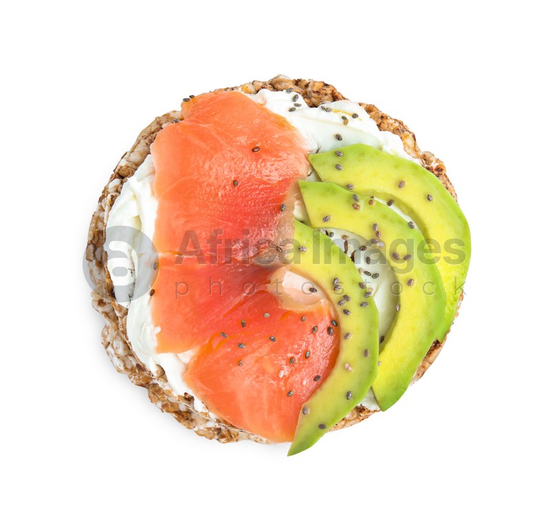 Crunchy buckwheat cakes with cream cheese, salmon and avocado on white background, top view
