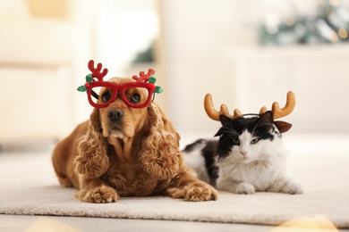 Adorable Cocker Spaniel dog with cat in party glasses and reindeer headband on blurred background