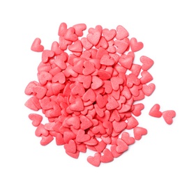 Pile of sweet candy hearts on white background, top view