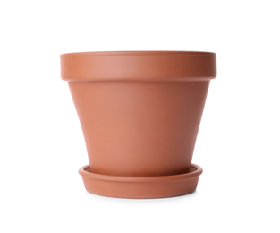 Stylish terracotta flower pot with saucer isolated on white