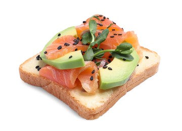 Tasty toast with butter, avocado, salmon, sesame seeds and microgreens on white background