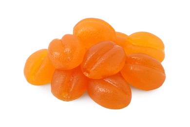 Pile of delicious fruity gummy candies on white background