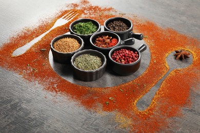 Photo of Different spices, silhouettes of cutlery and plate on grey table, closeup