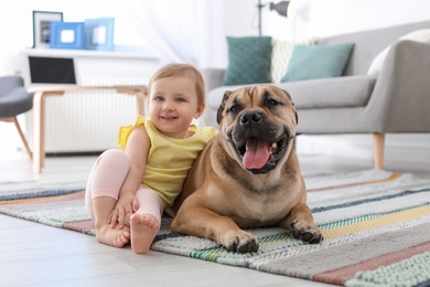 Cute little child with dog at home
