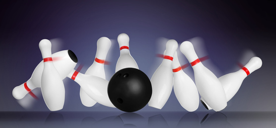 Bowling pins and ball on color background