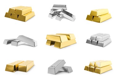 Set with shiny golden and silver bars on white background