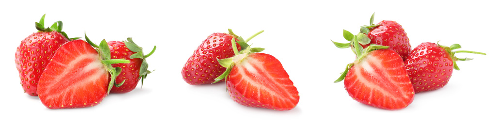 Set of delicious ripe strawberries on white background. Banner design