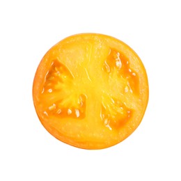 Piece of ripe yellow tomato on white background