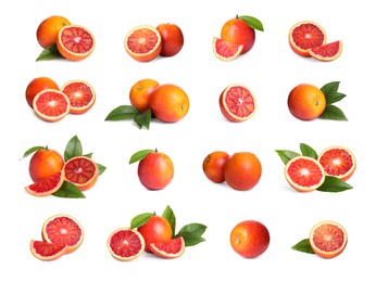 Set with ripe red oranges on white background 