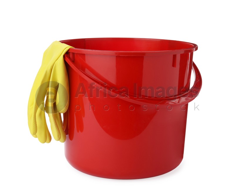 Red bucket with gloves for cleaning isolated on white