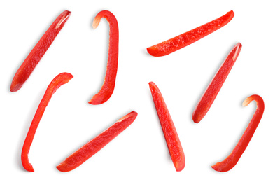 Image of Set of cut ripe red bell pepper on white background