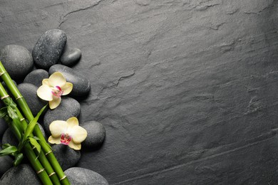 Spa stones, beautiful orchid flowers and bamboo stems on black table, flat lay. Space for text