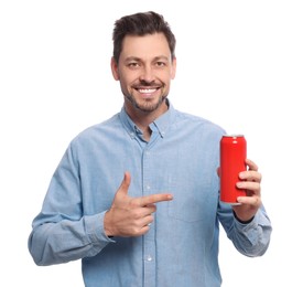 Photo of Happy man holding red tin can with beverage on white background