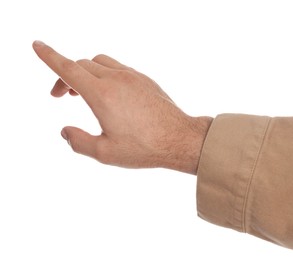 Man pointing at something against white background, closeup on hand