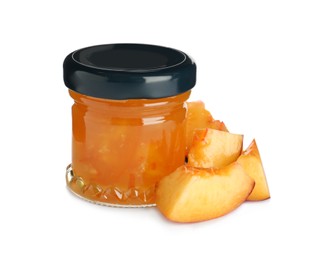 Jar of sweet peach jam on white background