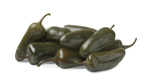 Photo of Pickled green jalapeno peppers on white background
