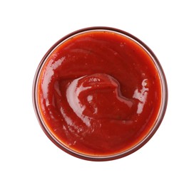 Tasty ketchup in glass bowl isolated on white, top view