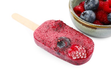 Photo of Tasty berry ice pop isolated on white. Fruit popsicle