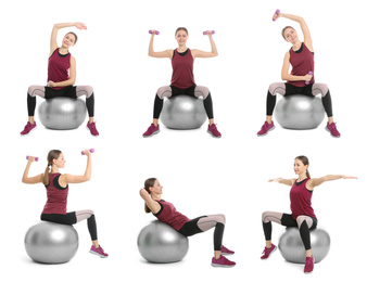 Collage of woman with fitball doing exercises on white background