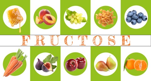 Collage with photos of different products containing fructose 