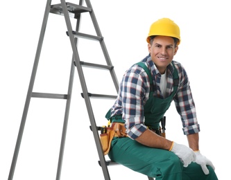 Professional builder sitting on metal ladder against white background