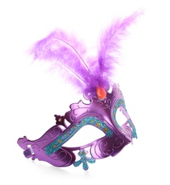 Beautiful purple carnival mask with feathers isolated on white
