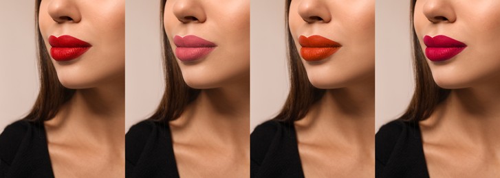 Collage with photos of young woman with different lipsticks on light background, closeup. Banner design