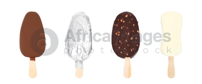 Set with different delicious glazed ice creams on white background. Banner design