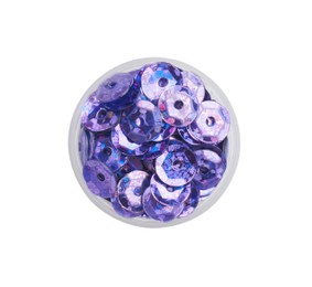 Photo of Purple sequins on white background, top view