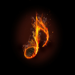 Creative image of flaming musical note on abstract dark background