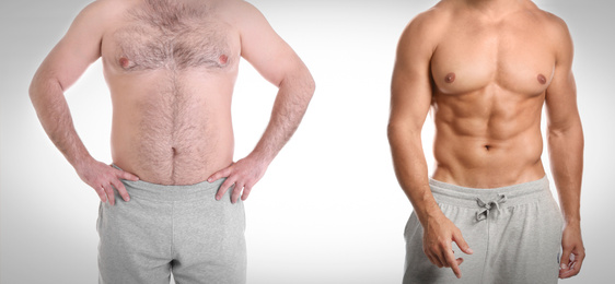 Image of Slim and overweight men on light background, closeup. Banner design