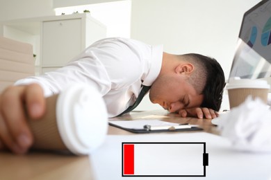 Image of Illustration of discharged battery and tired man at workplace in office. Extreme fatigue