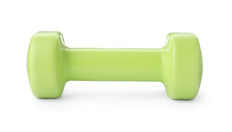 Light green dumbbell isolated on white. Weight training equipment