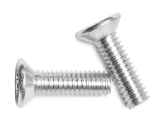 Photo of Two metal bolts on white background, top view