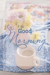 Image of Good morning! Cup of fresh coffee and beautiful bouquet on light blue printed cloth
