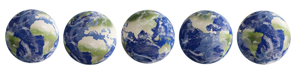 Illustrations of planet Earth on white background, collage. Banner design